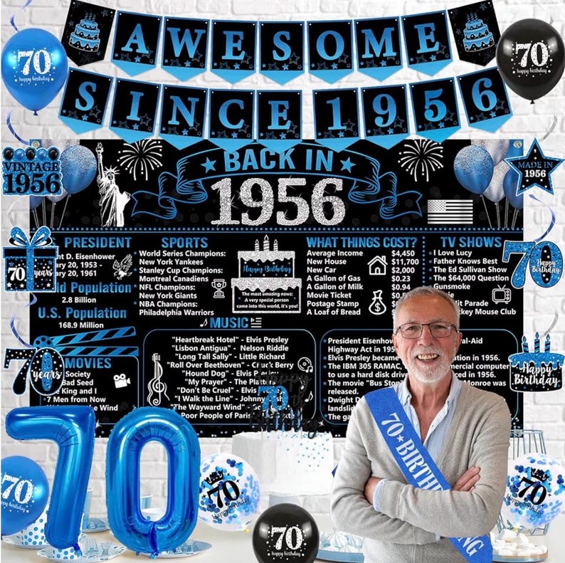 Back in 1956 Birthday Decorations for Men, Black Blue 70th Birthday Party Supplies, Back in 1956 Poster Backdrop Banner, Sash,  70 Years Old
