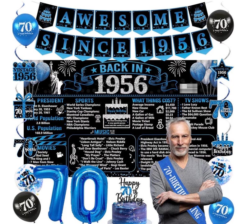 Back in 1956 Birthday Decorations for Men, Black Blue 70th Birthday Party Supplies, Back in 1956 Poster Backdrop Banner, Sash,  70 Years Old