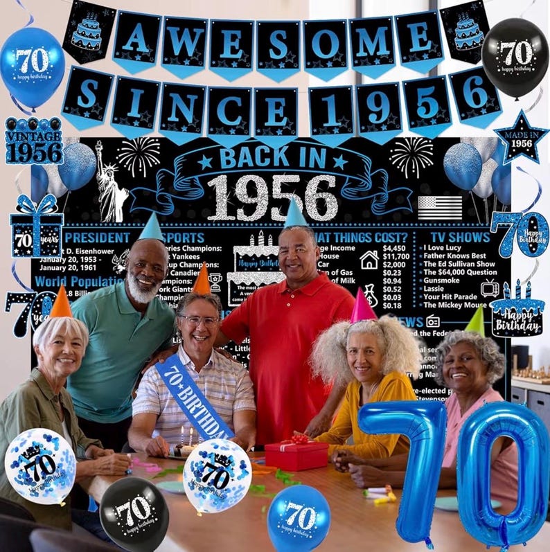 Back in 1956 Birthday Decorations for Men, Black Blue 70th Birthday Party Supplies, Back in 1956 Poster Backdrop Banner, Sash,  70 Years Old