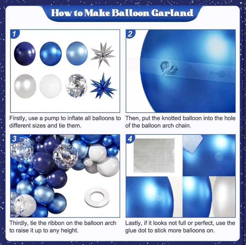 Blue White Silver Balloon Garland Arch Kit, 140Pcs Navy Light Metallic Blue Silver White Confetti Balloons With Stars for Birthday Wedding