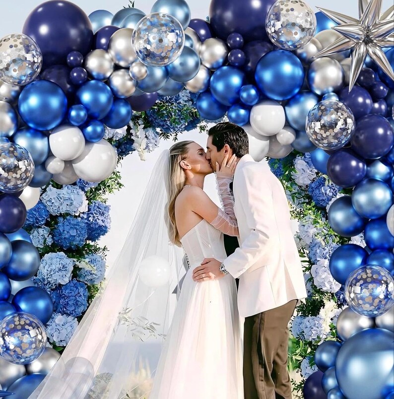 Blue White Silver Balloon Garland Arch Kit, 140Pcs Navy Light Metallic Blue Silver White Confetti Balloons With Stars for Birthday Wedding
