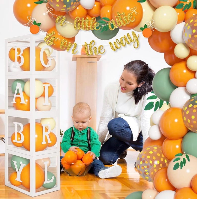 138pcs Little Cutie Baby Shower Balloon Boxes Decorations, Baby Block with Letters Orange Balloon Garland Kit A Little Cutie is On The Way