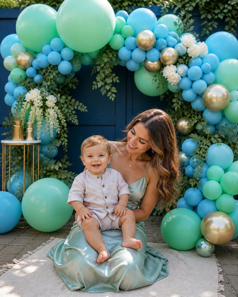 Teal Mint Gold Balloon Garland Kit, Blue Green Balloon Arch, Baby Shower Birthday Party Decorations, Elegant Photo Backdrop