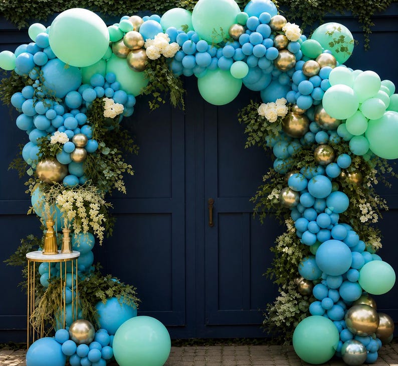 Teal Mint Gold Balloon Garland Kit, Blue Green Balloon Arch, Baby Shower Birthday Party Decorations, Elegant Photo Backdrop