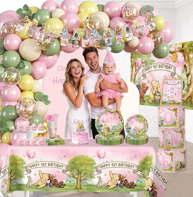 273 PCS Bear 1st Birthday Decorations, All-in-One Baby Girl 1st Birthday Decorations Set with Plates, Napkins, Serves 25, 2 Tablecloths
