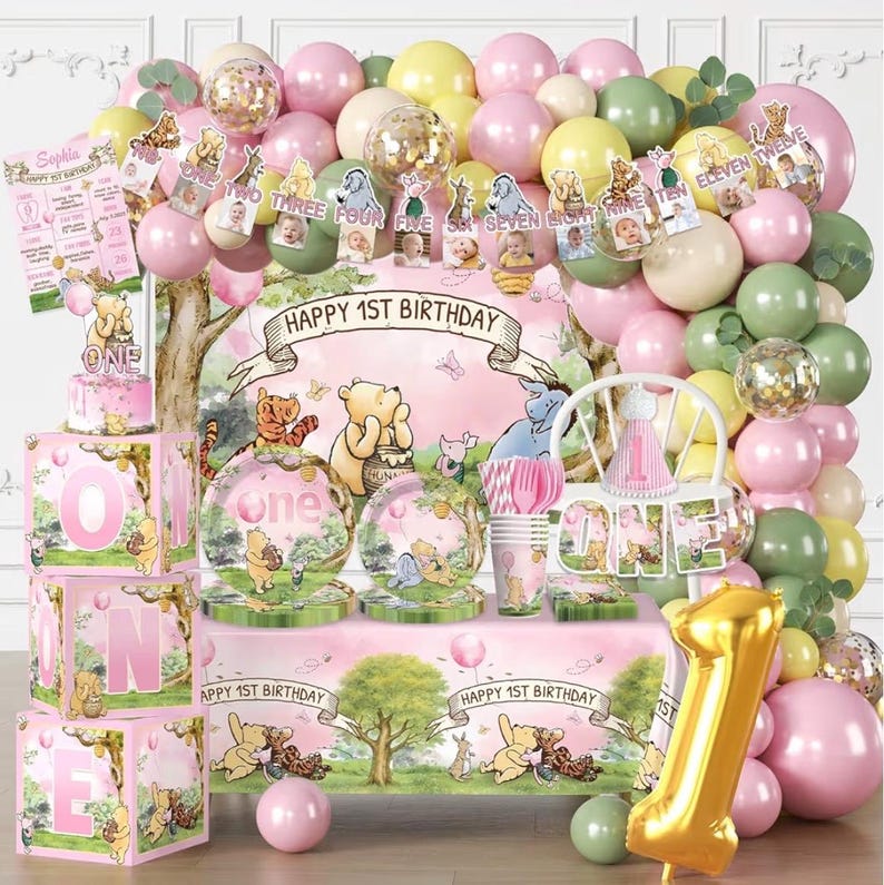 273 PCS Bear 1st Birthday Decorations, All-in-One Baby Girl 1st Birthday Decorations Set with Plates, Napkins, Serves 25, 2 Tablecloths