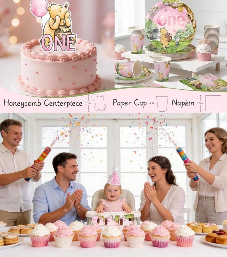 273 PCS Bear 1st Birthday Decorations, All-in-One Baby Girl 1st Birthday Decorations Set with Plates, Napkins, Serves 25, 2 Tablecloths