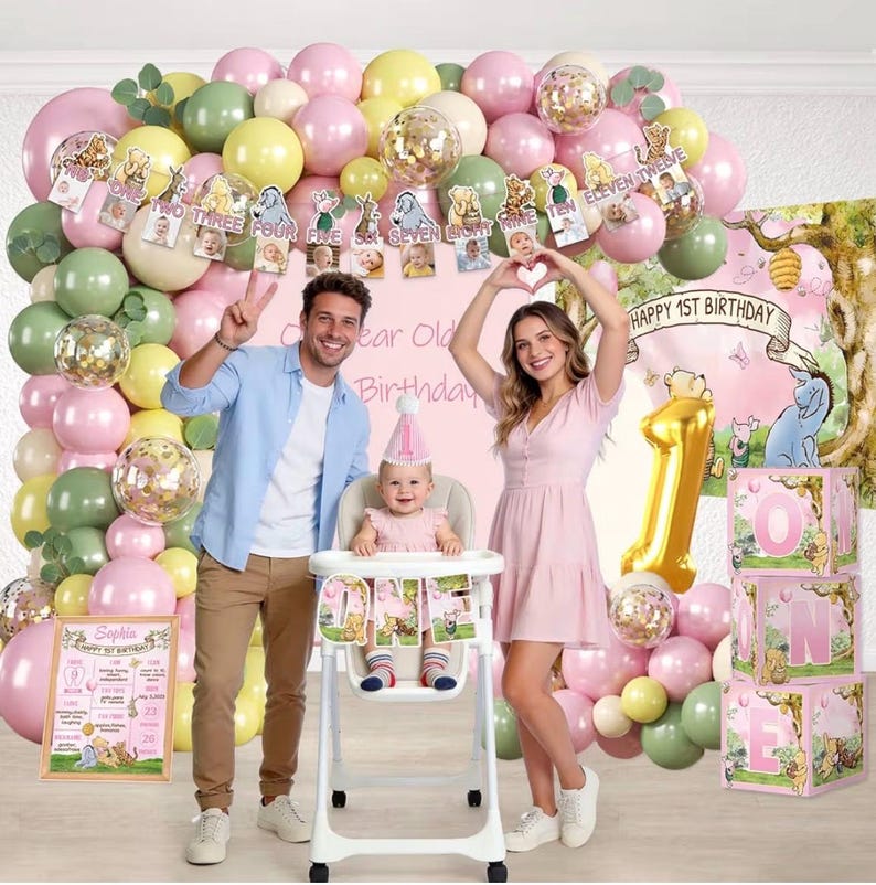 273 PCS Bear 1st Birthday Decorations, All-in-One Baby Girl 1st Birthday Decorations Set with Plates, Napkins, Serves 25, 2 Tablecloths