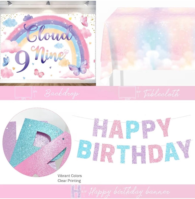 On Cloud 9 Birthday Decorations for Girls – 112 PCs Cloud Theme 9th Birthday Party Supplies with Backdrop Crown Foil Balloon Banner