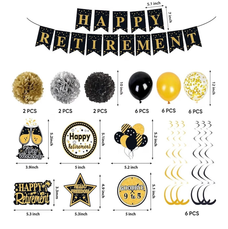 Retirement Party Decorations for Men Women Black Gold Happy Retirement Banner Backdrop Balloons Paper Pompoms Honeycomb Centerpiece