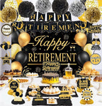 Retirement Party Decorations for Men Women Black Gold Happy Retirement Banner Backdrop Balloons Paper Pompoms Honeycomb Centerpiece