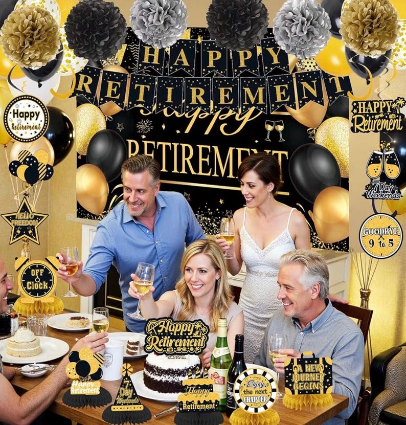 Retirement Party Decorations for Men Women Black Gold Happy Retirement Banner Backdrop Balloons Paper Pompoms Honeycomb Centerpiece