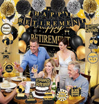 Retirement Party Decorations for Men Women Black Gold Happy Retirement Banner Backdrop Balloons Paper Pompoms Honeycomb Centerpiece