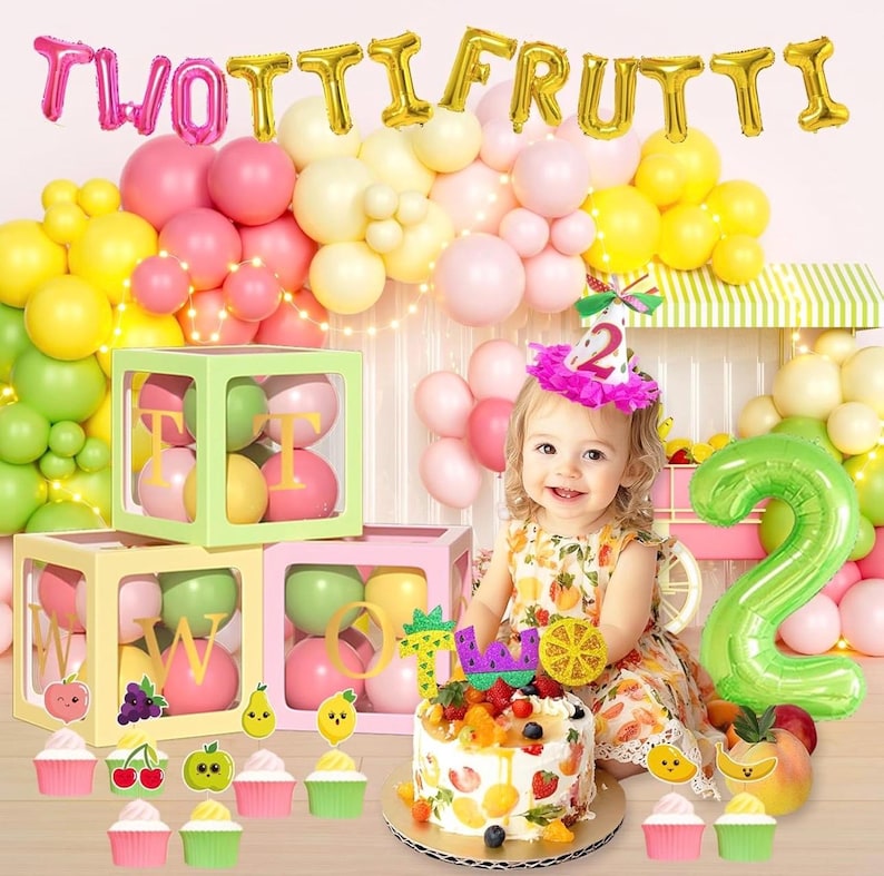 Twotti Fruity Birthday Decorations, Tutti Frutti Party Supplies with Backdrop, Balloon Garland, Cake Topper, Banner, Boxes for Girls 2nd