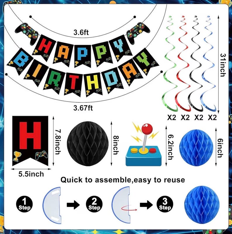 Video Game Birthday Decorations Game Theme Party Decorations Kit Includes Happy Birthday Gaming Banner Hanging Swirls Honeycomb Balls