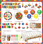 173 PCS Building Block Birthday Party Decorations - Plates, Napkins, Cups, Cutlery, Cake & Cupcake Toppers, Banner, Hanging Swirls,Balloons