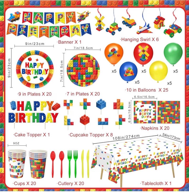 173 PCS Building Block Birthday Party Decorations - Plates, Napkins, Cups, Cutlery, Cake & Cupcake Toppers, Banner, Hanging Swirls,Balloons