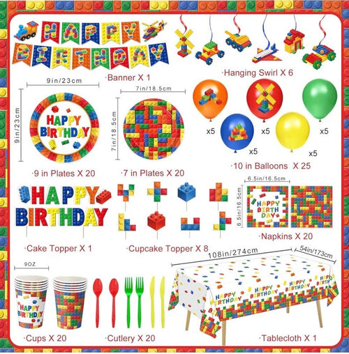 173 PCS Building Block Birthday Party Decorations - Plates, Napkins, Cups, Cutlery, Cake & Cupcake Toppers, Banner, Hanging Swirls,Balloons