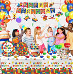 173 PCS Building Block Birthday Party Decorations - Plates, Napkins, Cups, Cutlery, Cake & Cupcake Toppers, Banner, Hanging Swirls,Balloons