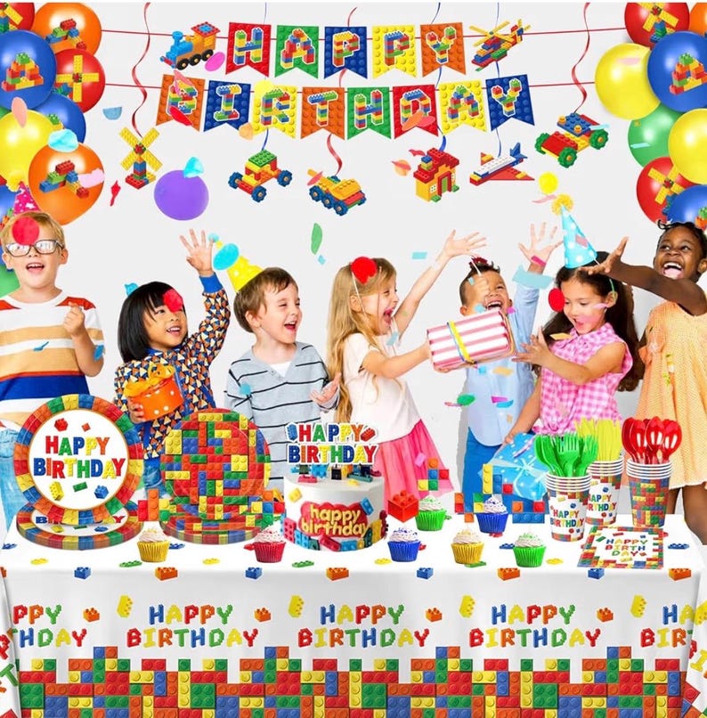 173 PCS Building Block Birthday Party Decorations - Plates, Napkins, Cups, Cutlery, Cake & Cupcake Toppers, Banner, Hanging Swirls,Balloons