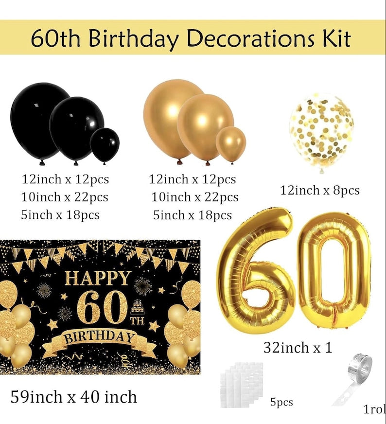 60th Birthday Decoration Kit For Men Women, Black Gold Happy 60th Birthday Banner, 60th Birthday Balloon Arch Kit And 60 Number Balloon