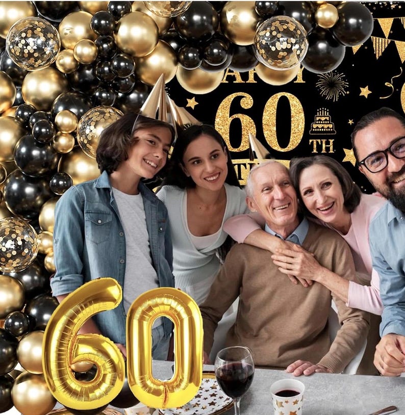 60th Birthday Decoration Kit For Men Women, Black Gold Happy 60th Birthday Banner, 60th Birthday Balloon Arch Kit And 60 Number Balloon