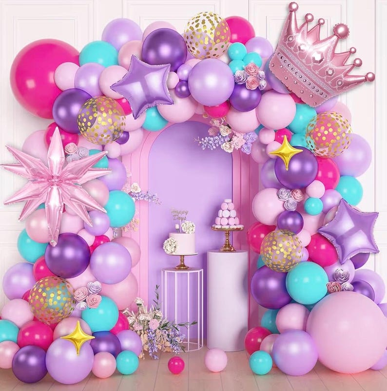 Princess Balloon Arch Kit, Hot Pink Purple Teal Balloon Garland with Crown Star Foil Balloons ,Girl Birthday Baby Shower Party Decorations