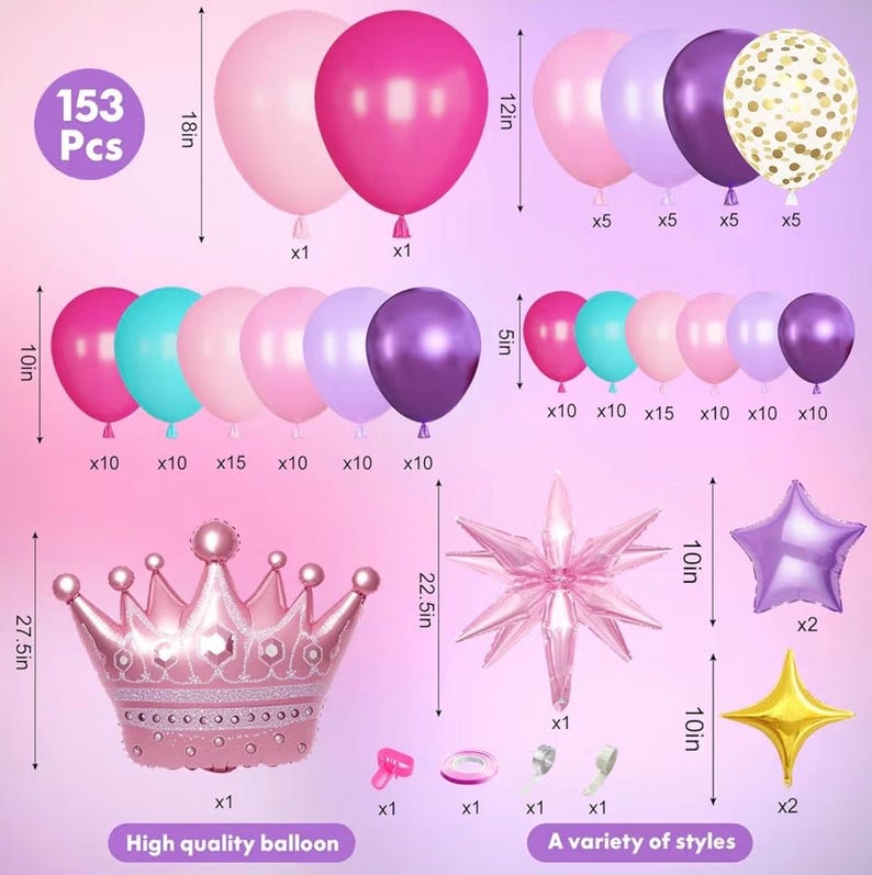 Princess Balloon Arch Kit, Hot Pink Purple Teal Balloon Garland with Crown Star Foil Balloons ,Girl Birthday Baby Shower Party Decorations