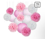 15Pcs Party Pack Paper Lanterns and Pom Pom Balls Hanging Decoration for Wedding Birthday Baby Shower-Pink/White