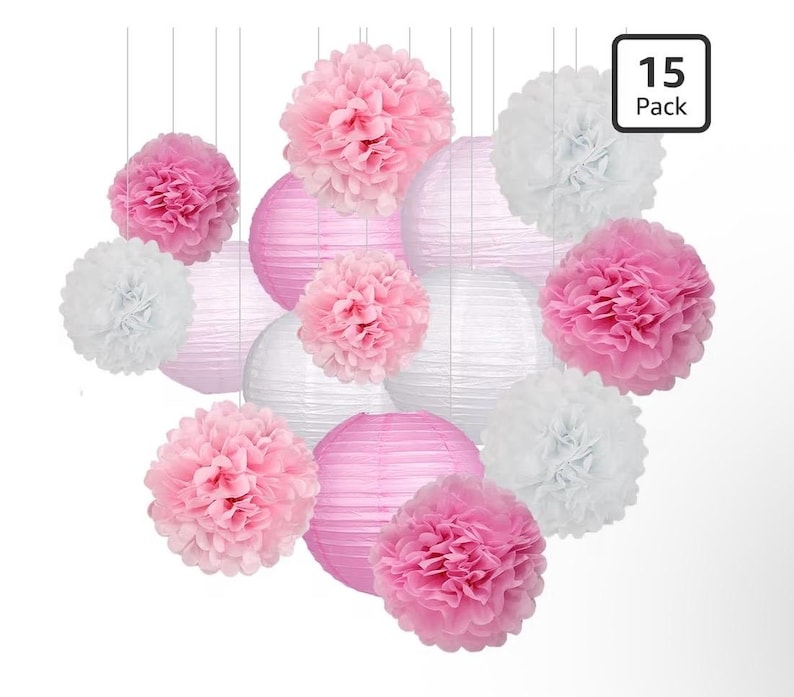15Pcs Party Pack Paper Lanterns and Pom Pom Balls Hanging Decoration for Wedding Birthday Baby Shower-Pink/White