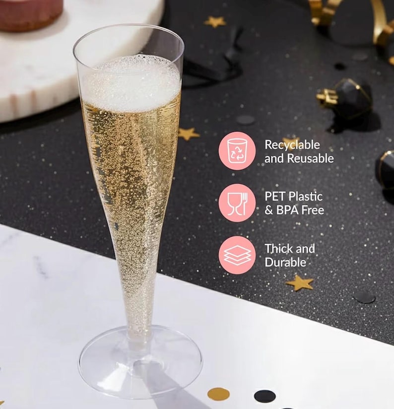 100 Pack Clear Plastic Champagne Flutes, 4.5 oz Disposable Toasting Glasses, Elegant Party Cups for Wedding, New Year, Bridal Shower