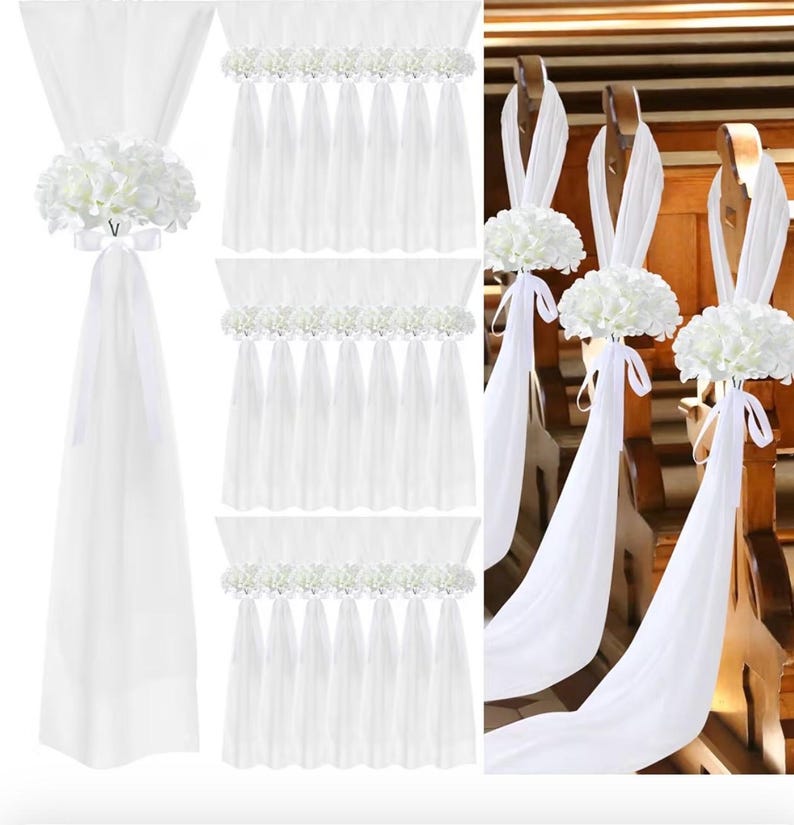 24 Set Wedding Aisle Chair Decorations for Wedding Ceremony Pew Decor Chiffon Chair Sashes with Ribbon Bows and Artificial Floral for Church