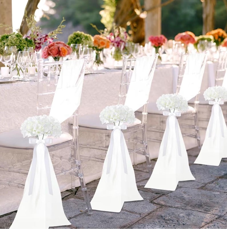24 Set Wedding Aisle Chair Decorations for Wedding Ceremony Pew Decor Chiffon Chair Sashes with Ribbon Bows and Artificial Floral for Church