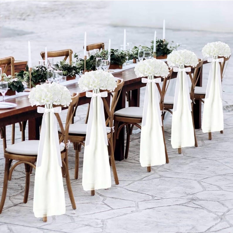 24 Set Wedding Aisle Chair Decorations for Wedding Ceremony Pew Decor Chiffon Chair Sashes with Ribbon Bows and Artificial Floral for Church