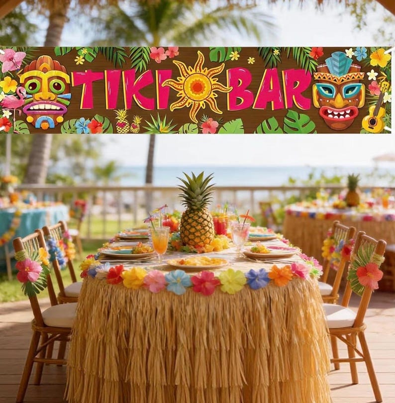 Hawaiian Tiki Party Decorations, Luau Tiki Banner Lighted Tiki Bar Sign for Summer Hawaii Aloha Moana Luau Party Decorations, Hanging Banner