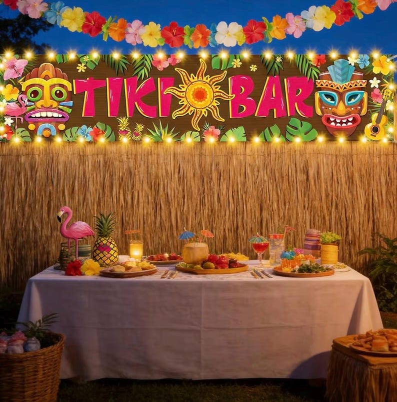 Hawaiian Tiki Party Decorations, Luau Tiki Banner Lighted Tiki Bar Sign for Summer Hawaii Aloha Moana Luau Party Decorations, Hanging Banner