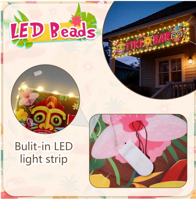 Hawaiian Tiki Party Decorations, Luau Tiki Banner Lighted Tiki Bar Sign for Summer Hawaii Aloha Moana Luau Party Decorations, Hanging Banner