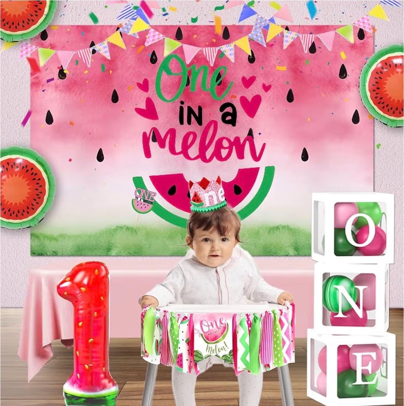 One In A Melon Party Decorations, Watermelon 1st Birthday Decorations Girl, ONE Balloon Boxes, Backdrop, Watermelon Balloon Arch First Bday