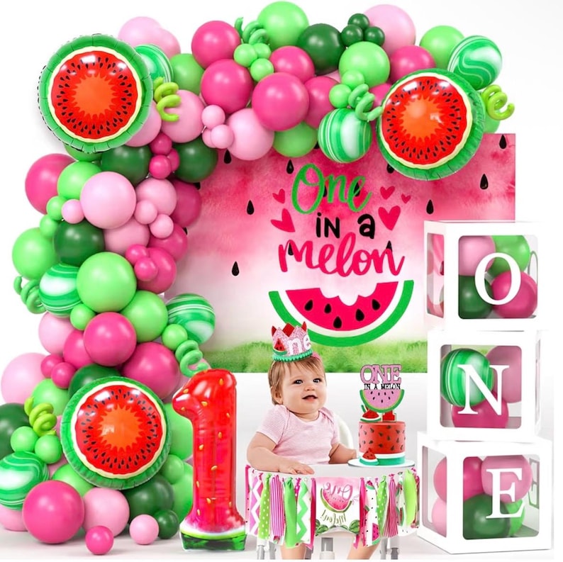 One In A Melon Party Decorations, Watermelon 1st Birthday Decorations Girl, ONE Balloon Boxes, Backdrop, Watermelon Balloon Arch First Bday