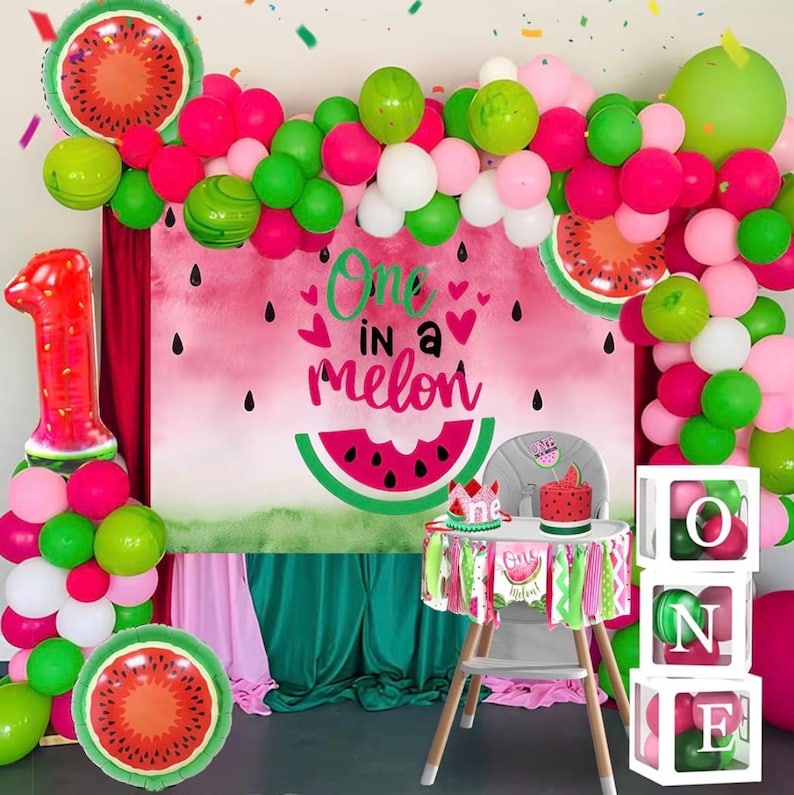 One In A Melon Party Decorations, Watermelon 1st Birthday Decorations Girl, ONE Balloon Boxes, Backdrop, Watermelon Balloon Arch First Bday