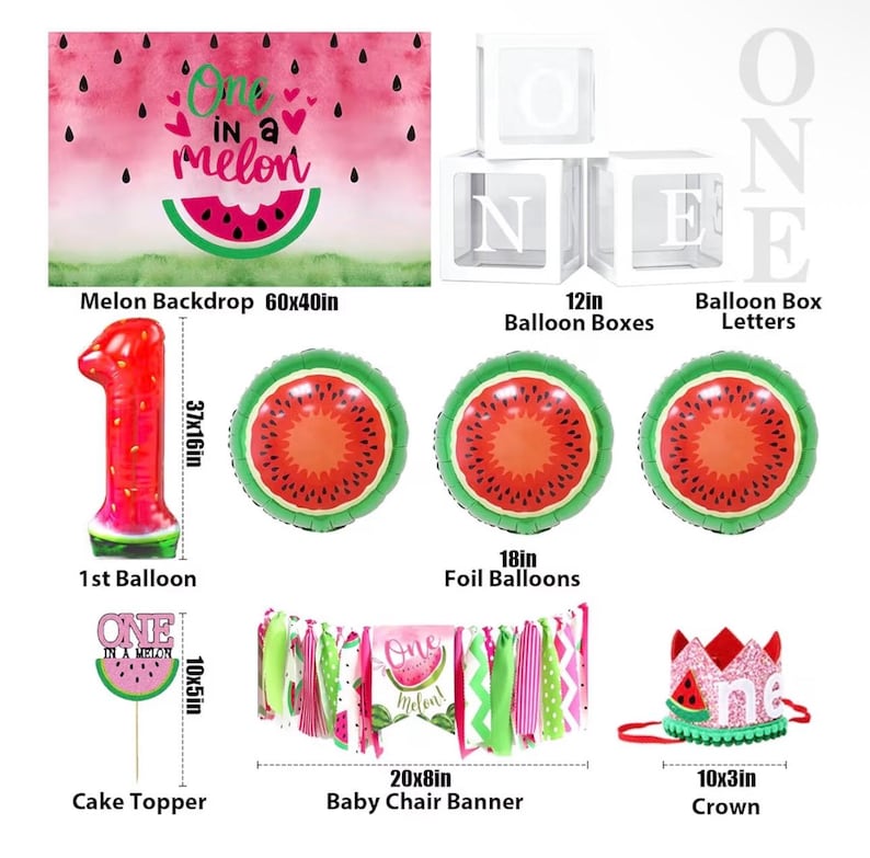 One In A Melon Party Decorations, Watermelon 1st Birthday Decorations Girl, ONE Balloon Boxes, Backdrop, Watermelon Balloon Arch First Bday