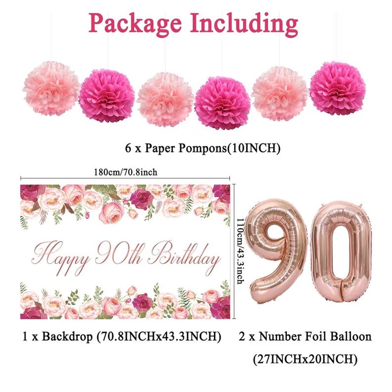Flower 90th Birthday Decorations for Women, Rose Gold 90th Birthday Backdrop Banner, Cake Topper, Honeycomb, Hanging Swirl for Party