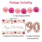 Flower 90th Birthday Decorations for Women, Rose Gold 90th Birthday Backdrop Banner, Cake Topper, Honeycomb, Hanging Swirl for Party