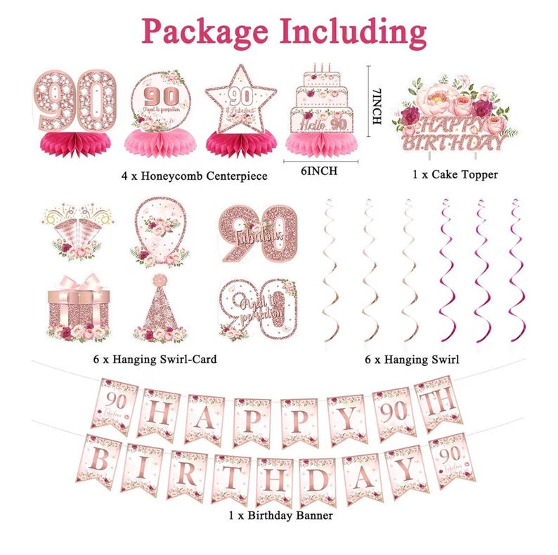Flower 90th Birthday Decorations for Women, Rose Gold 90th Birthday Backdrop Banner, Cake Topper, Honeycomb, Hanging Swirl for Party