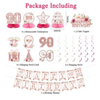 Flower 90th Birthday Decorations for Women, Rose Gold 90th Birthday Backdrop Banner, Cake Topper, Honeycomb, Hanging Swirl for Party