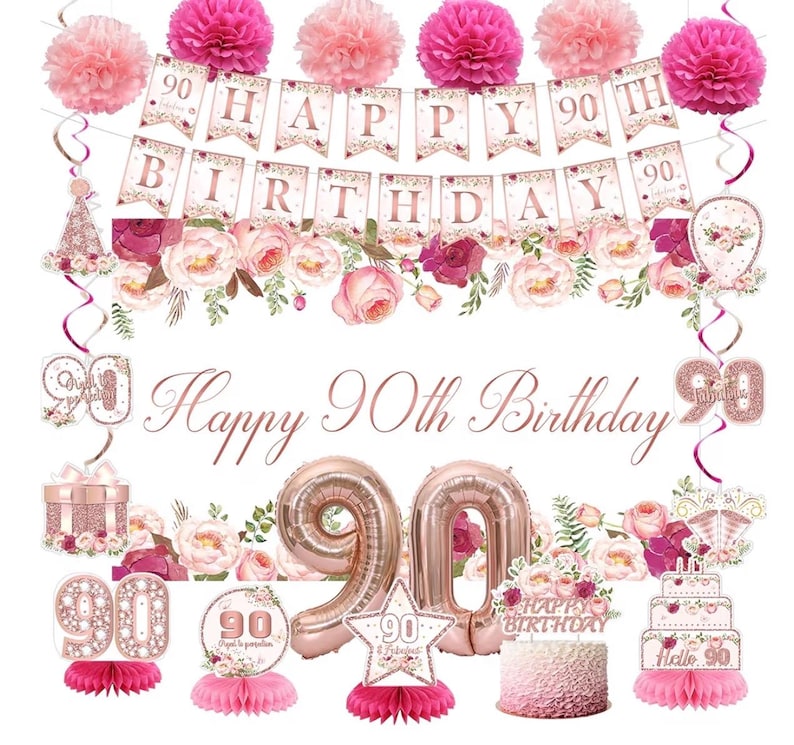 Flower 90th Birthday Decorations for Women, Rose Gold 90th Birthday Backdrop Banner, Cake Topper, Honeycomb, Hanging Swirl for Party