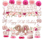 Flower 90th Birthday Decorations for Women, Rose Gold 90th Birthday Backdrop Banner, Cake Topper, Honeycomb, Hanging Swirl for Party