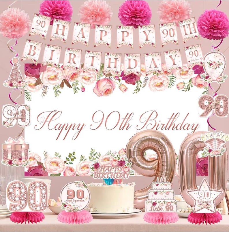 Flower 90th Birthday Decorations for Women, Rose Gold 90th Birthday Backdrop Banner, Cake Topper, Honeycomb, Hanging Swirl for Party
