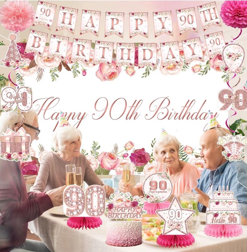 Flower 90th Birthday Decorations for Women, Rose Gold 90th Birthday Backdrop Banner, Cake Topper, Honeycomb, Hanging Swirl for Party