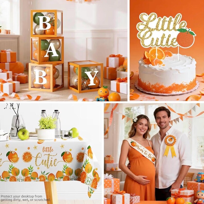 279 PCS A Little Cutie Is On The Way Decorations, All-in-One Orange Baby Shower Party Pack With Balloon, Backdrop, Plates and Napkins